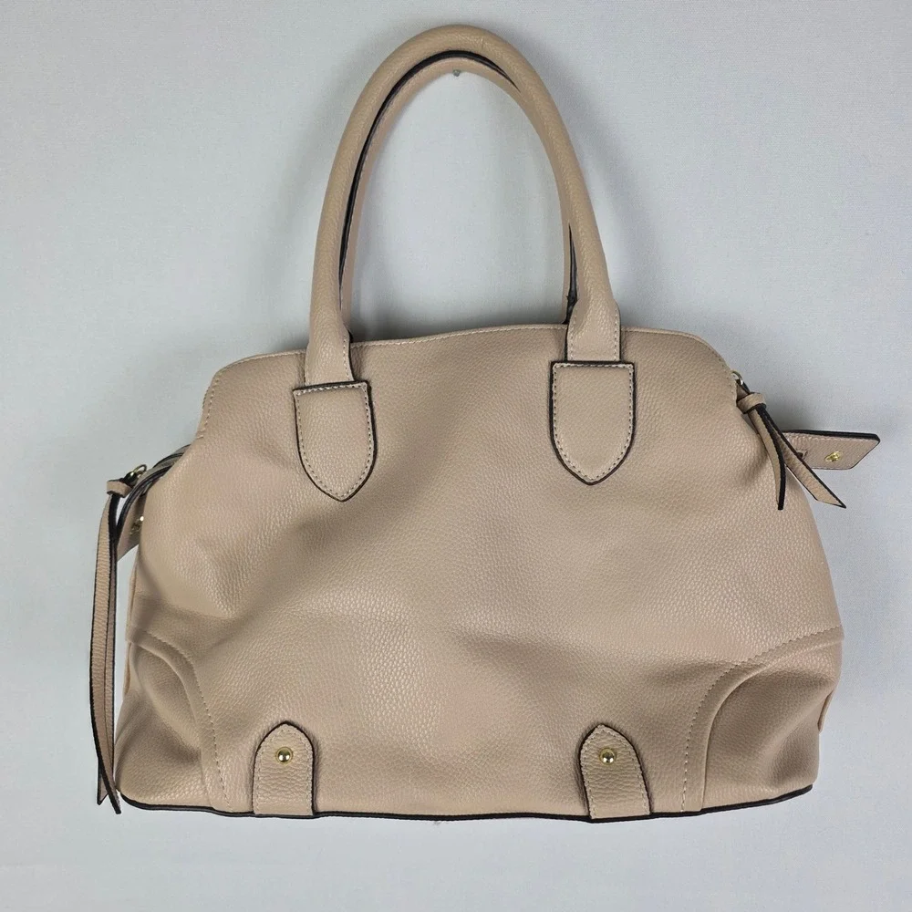 London Fog Beige‎ Pebbled Faux Leather Satchel Handbag Gold Hardware Nude Tote